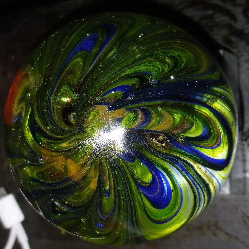 Artisan Studio Hand Blown Iridescent Art Glass Ball Orb Paperweight Peacock Look